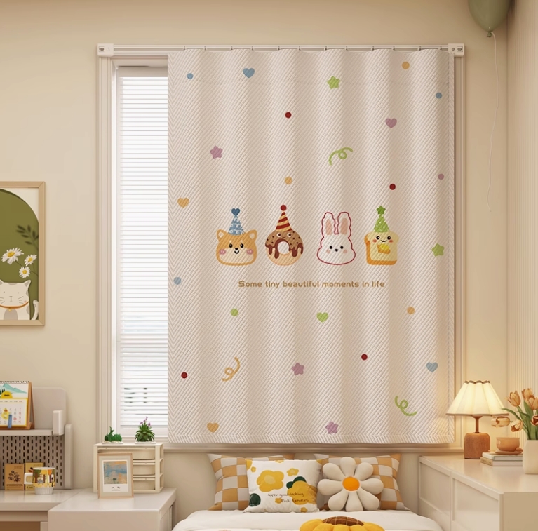 卧室遮光窗帘免打孔安装男女孩儿童房出租房小窗户简易短布帘